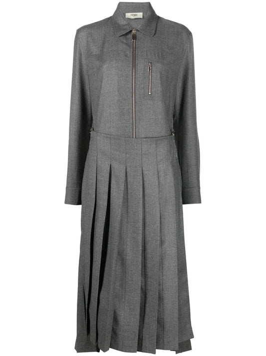 Spread-Collar Pleated Midi Dress