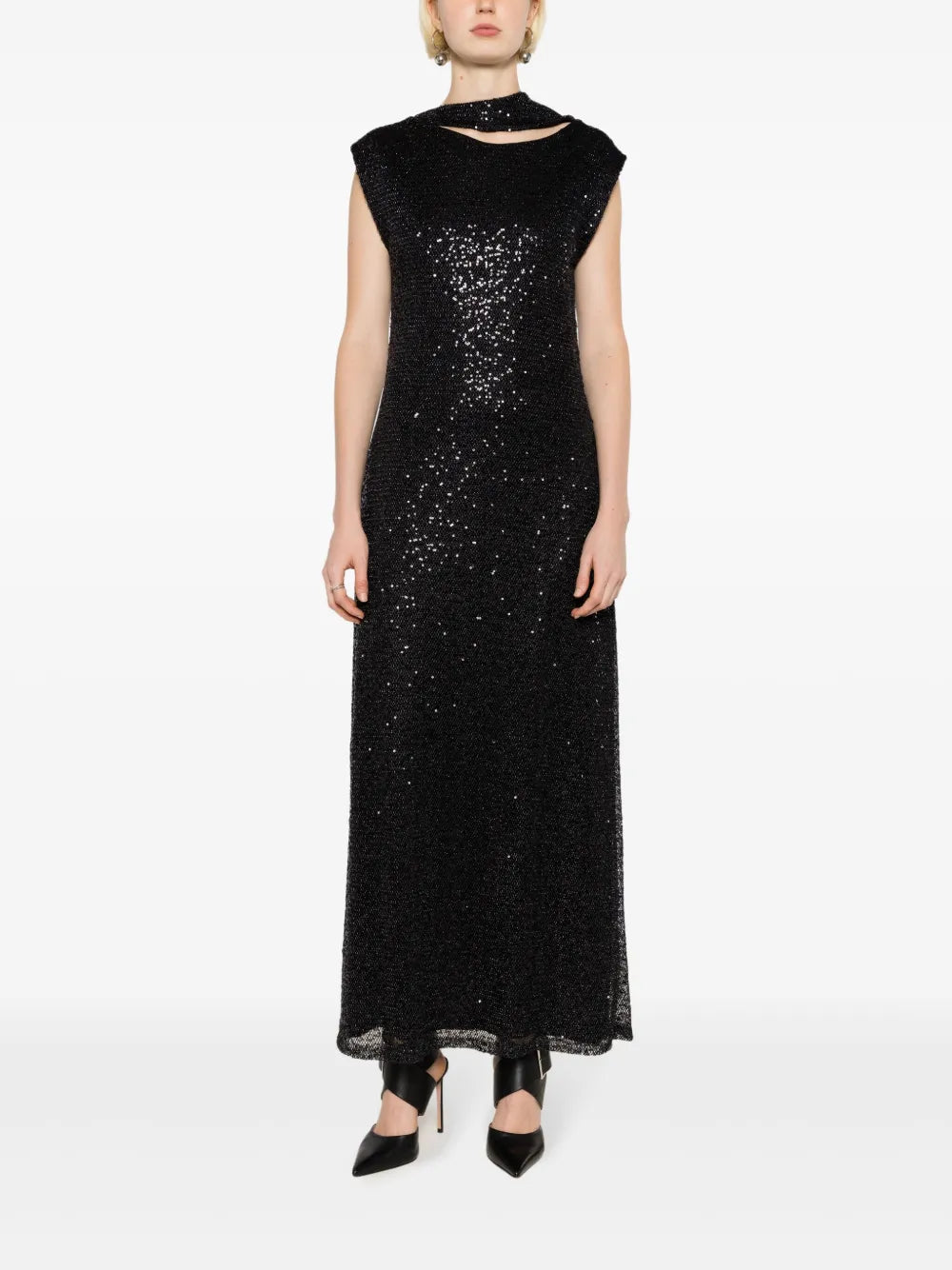 Sequin-Embellished Asymmetric-Neck Dress