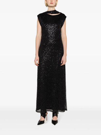 Sequin-Embellished Asymmetric-Neck Dress