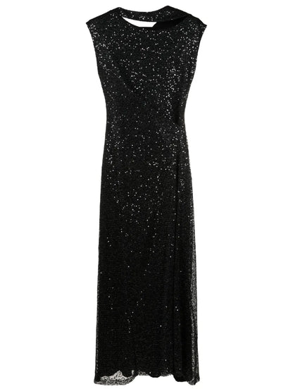 Sequin-Embellished Asymmetric-Neck Dress