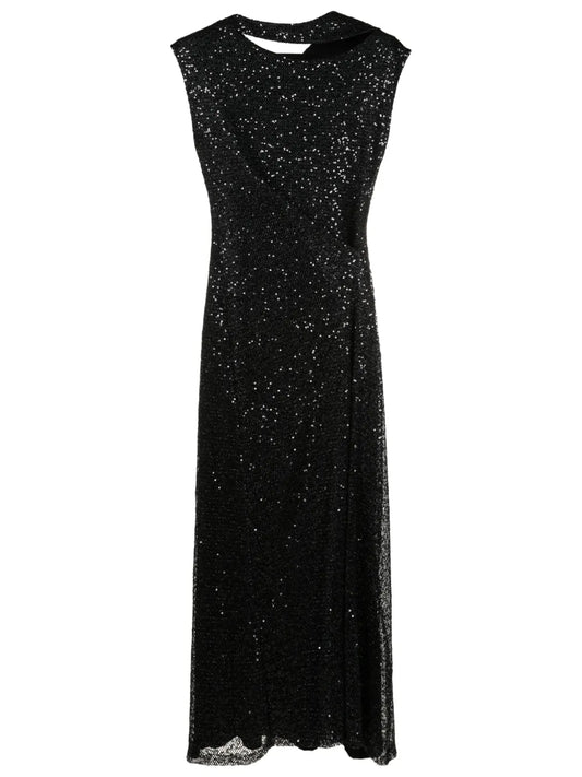 Sequin-Embellished Asymmetric-Neck Dress