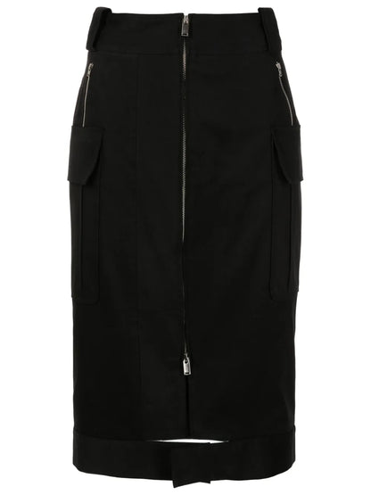 Zip-Up Cotton Midi Skirt