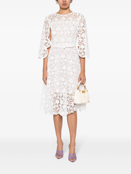 Floral-Lace Belted Midi Dress