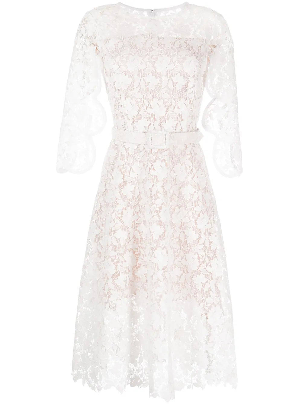 Floral-Lace Belted Midi Dress