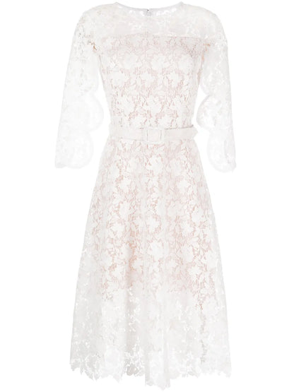 Floral-Lace Belted Midi Dress