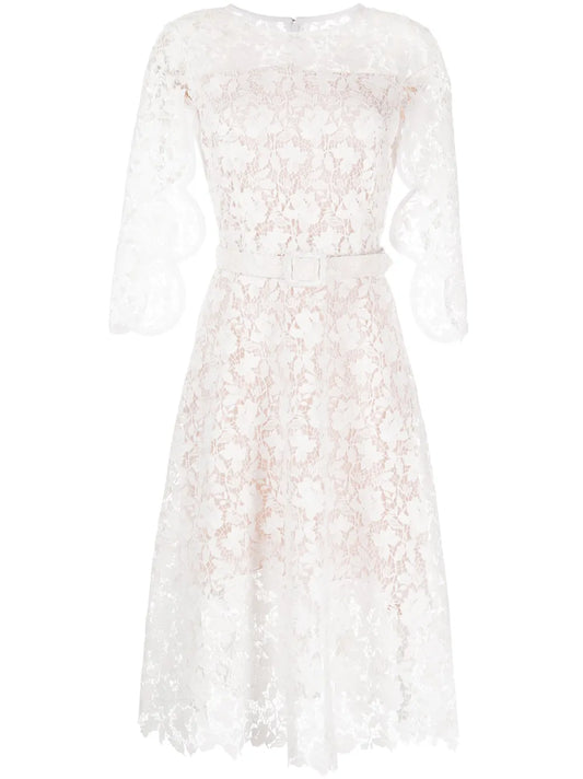 Floral-Lace Belted Midi Dress