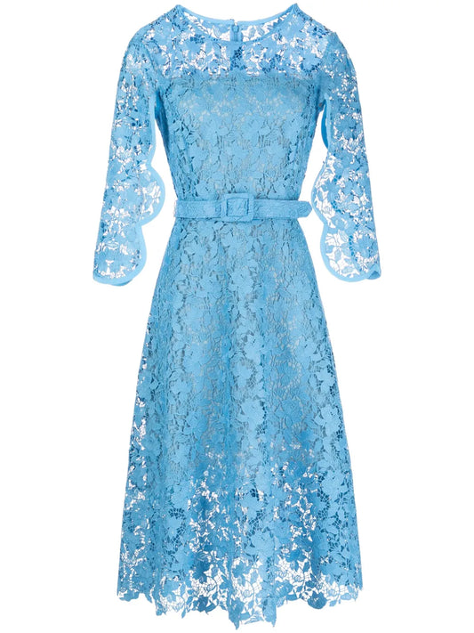 Floral-Lace Belted Midi Dress
