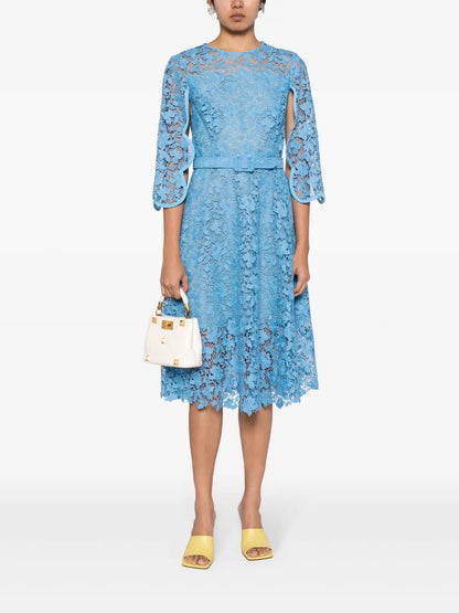 Floral-Lace Belted Midi Dress