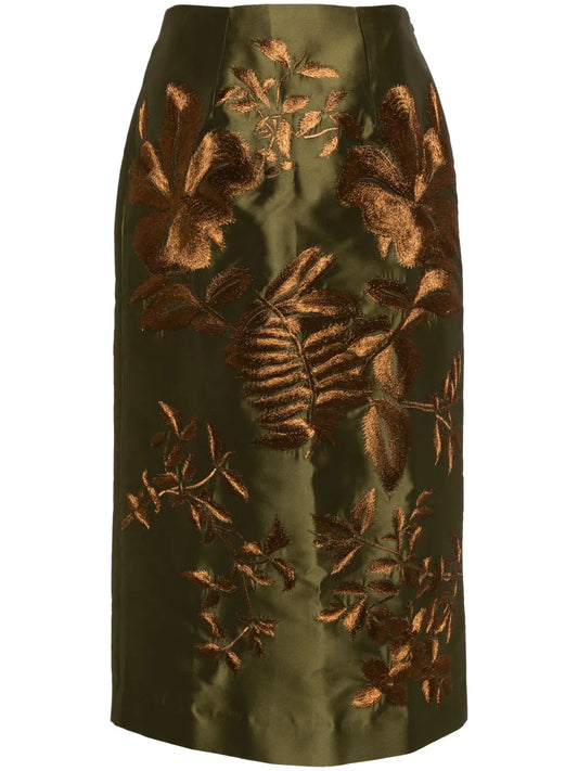 Floral-Embroidered Satin Midi Skirt