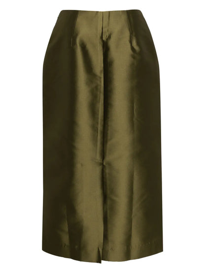 Floral-Embroidered Satin Midi Skirt