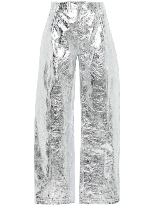 Metallic Leather Wide-Lg Trousers