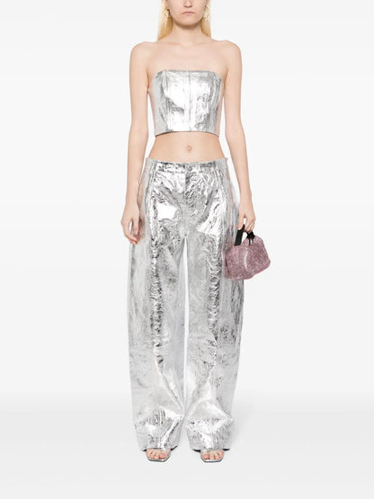 Metallic Leather Wide-Lg Trousers