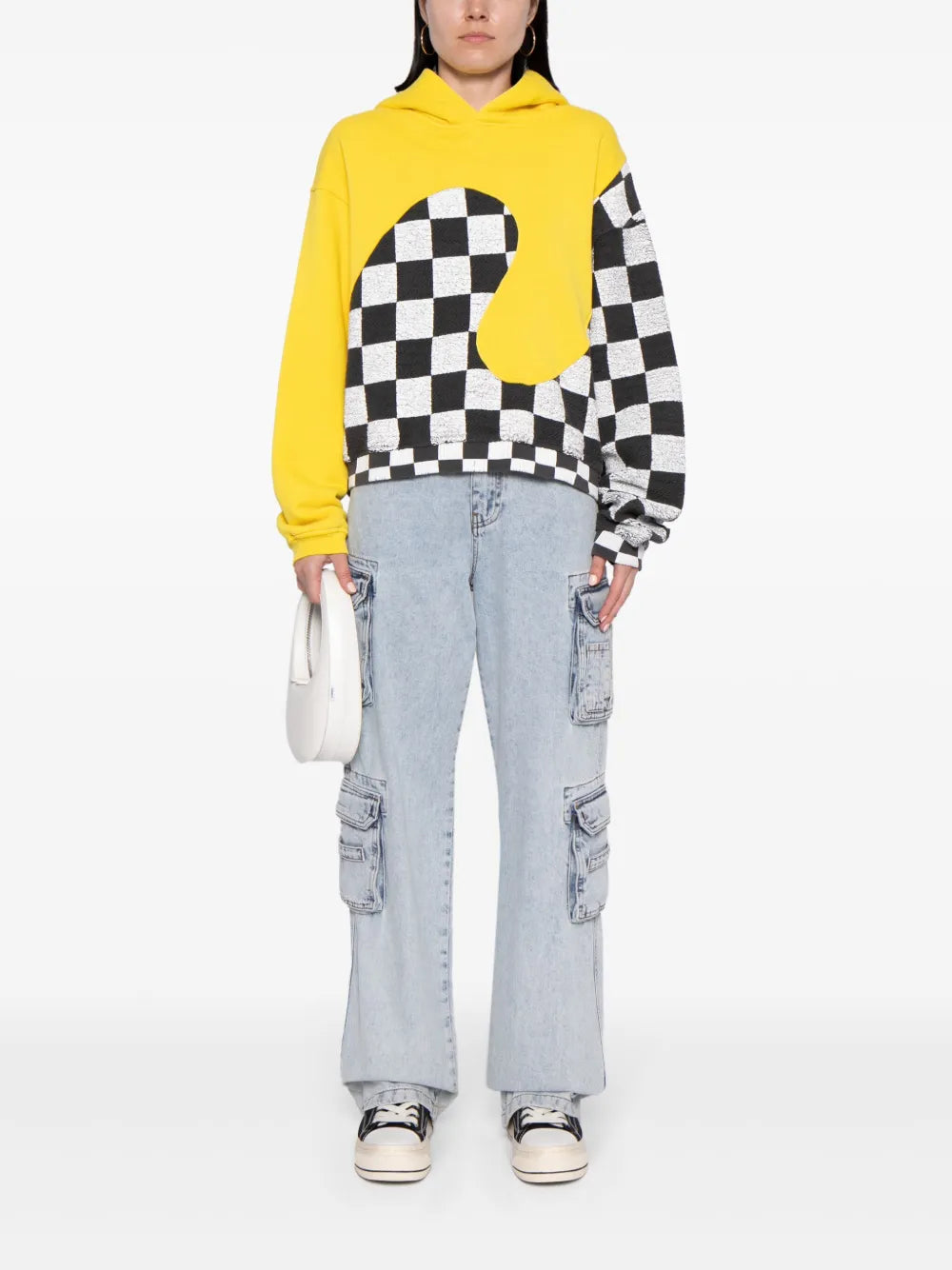 Check-Pattern Panelled Cotton Hoodie