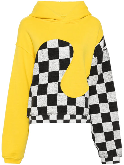 Check-Pattern Panelled Cotton Hoodie