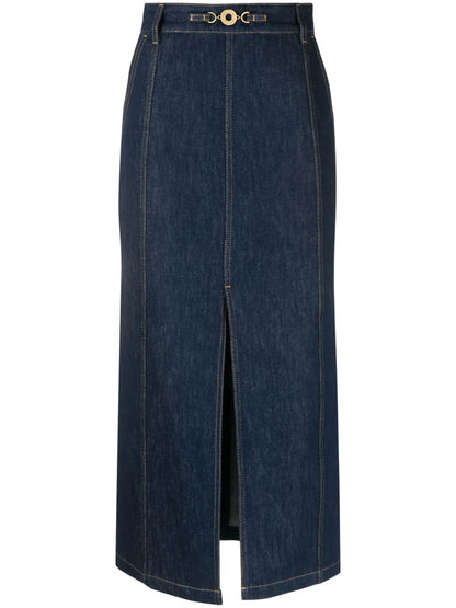 Slit-Detail Organic-Denim Midi Skirt