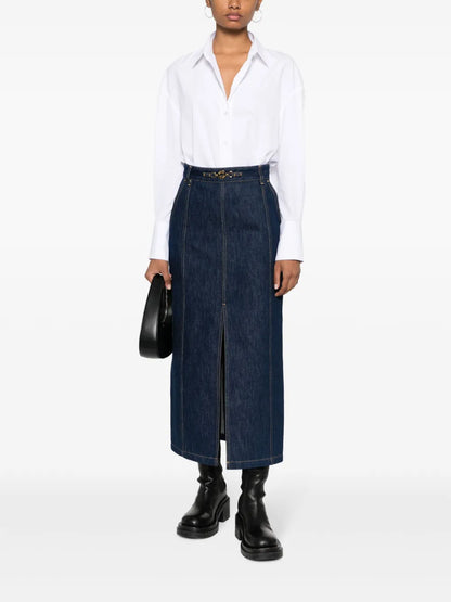 Slit-Detail Organic-Denim Midi Skirt