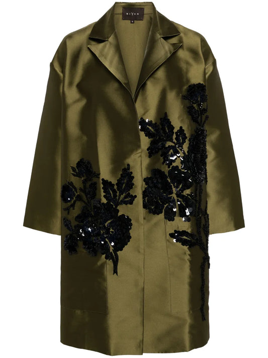 Floral-Motif Satin Coat