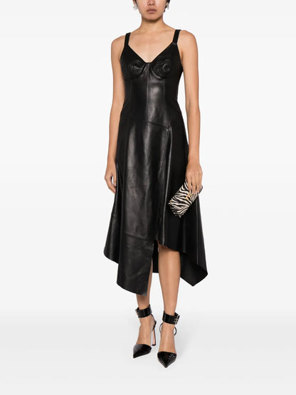 Asymmetric Leather Midi Dress