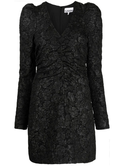 Floral-Jacquard V-Neck Dress