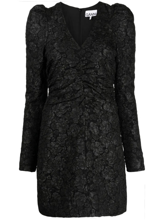 Floral-Jacquard V-Neck Dress