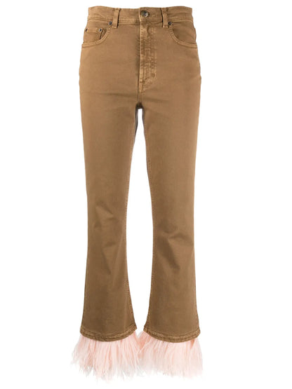 Fancy Feather-Trim Cropped Jeans