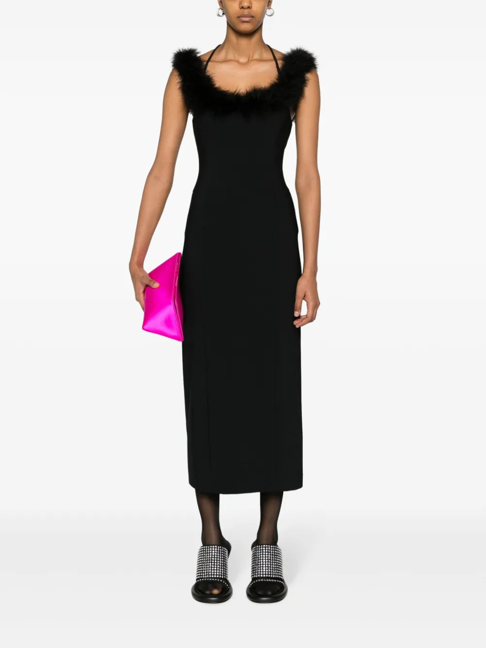 Feather-Trim Midi Dress