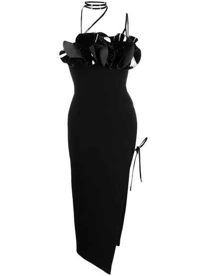 Floral-Appliqué Crepe Wool Midi Dress