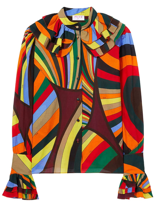 Abstract Print Ruffled Cotton Blouse