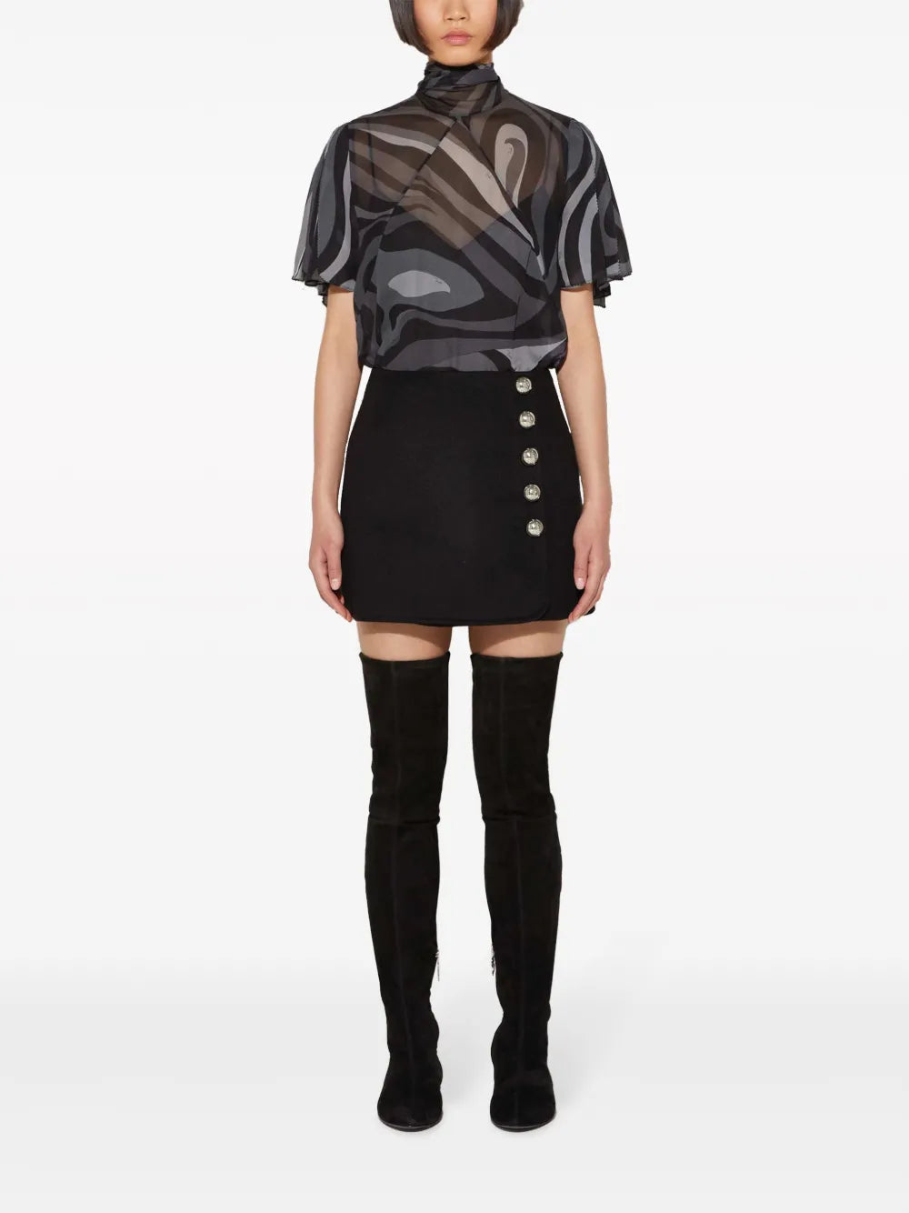 Side-Button Fastening Wool Miniskirt