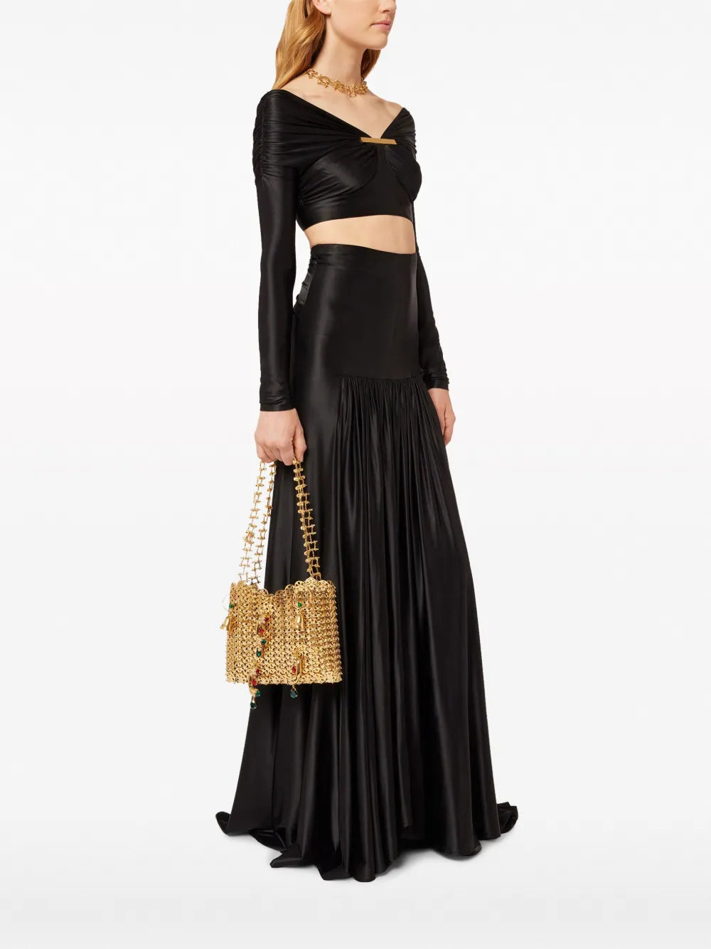 Glossy Finish Gathered Maxi Skirt
