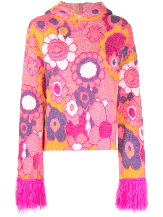 Patterned-Intarsia Extra-Long Sleeve Hoodie