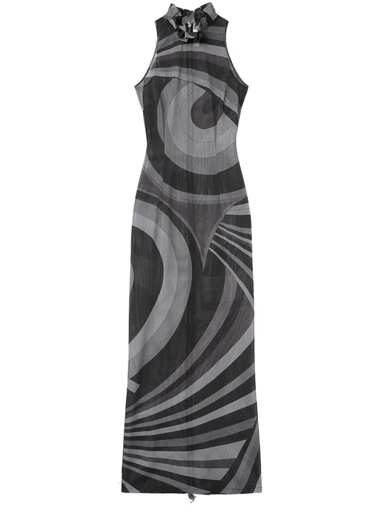 Onde-Print Semi-Sheer Dress