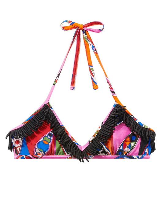 Girandole-Print Fringed Bikini Top