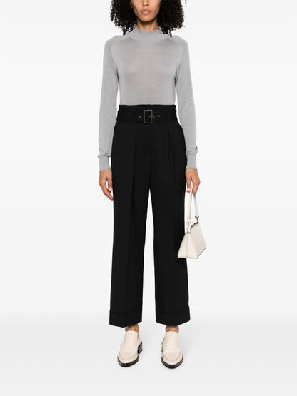 Pressed-Crease Belted-Waist Tailored Trousers