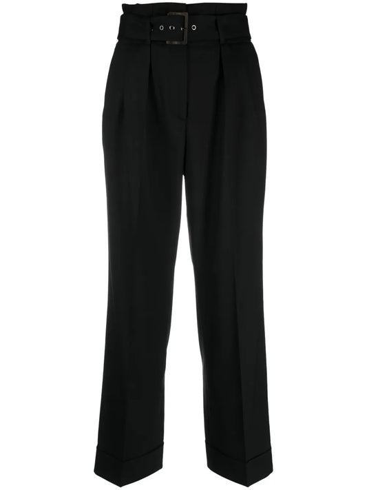 Pressed-Crease Belted-Waist Tailored Trousers