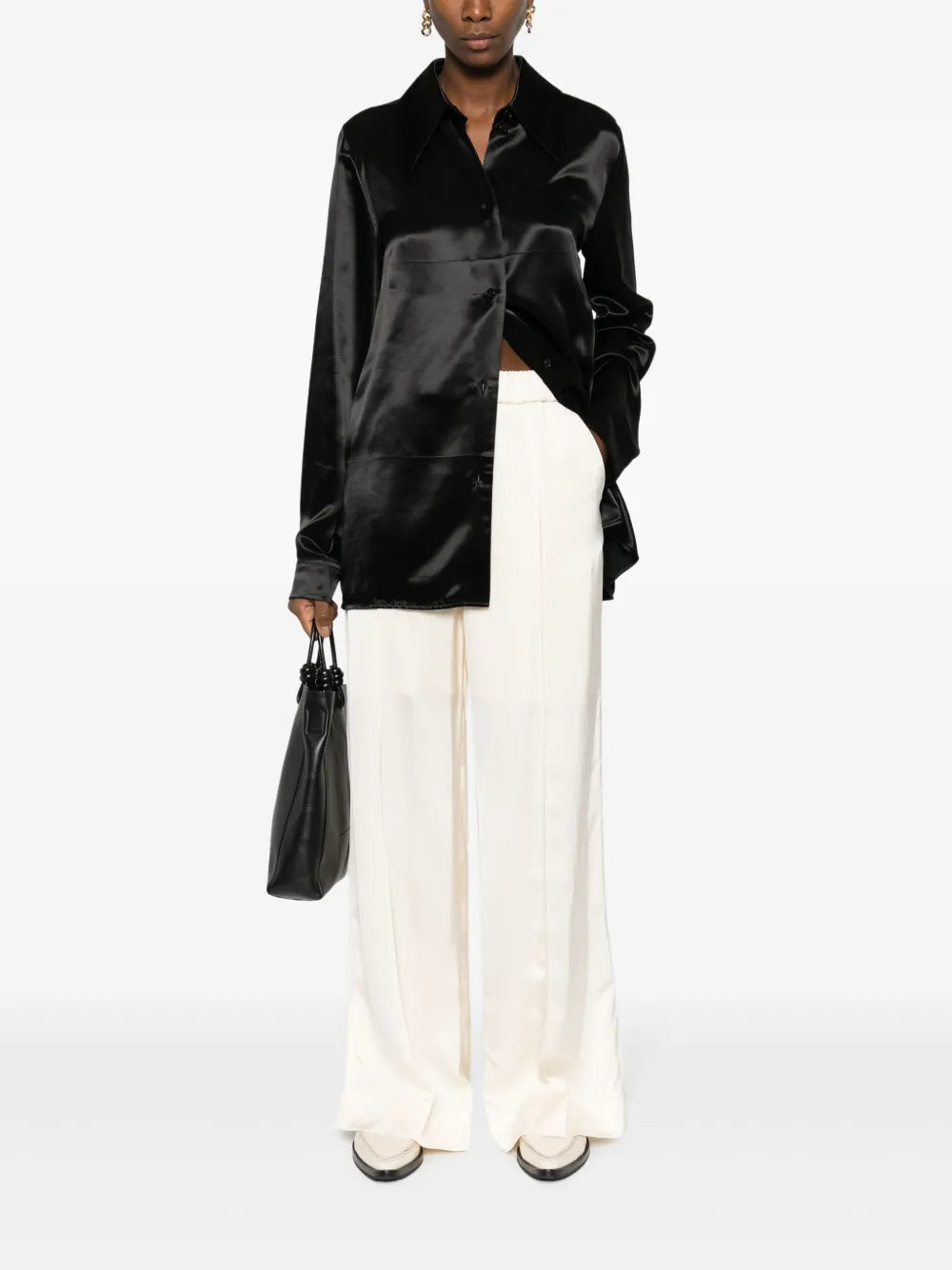 Pressed-Crease Elasticated-Waist Flared Trousers