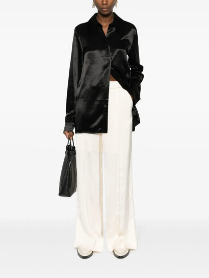 Pressed-Crease Elasticated-Waist Flared Trousers