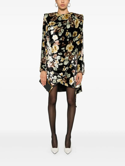 Floral-Print Velvet Wrap Dress