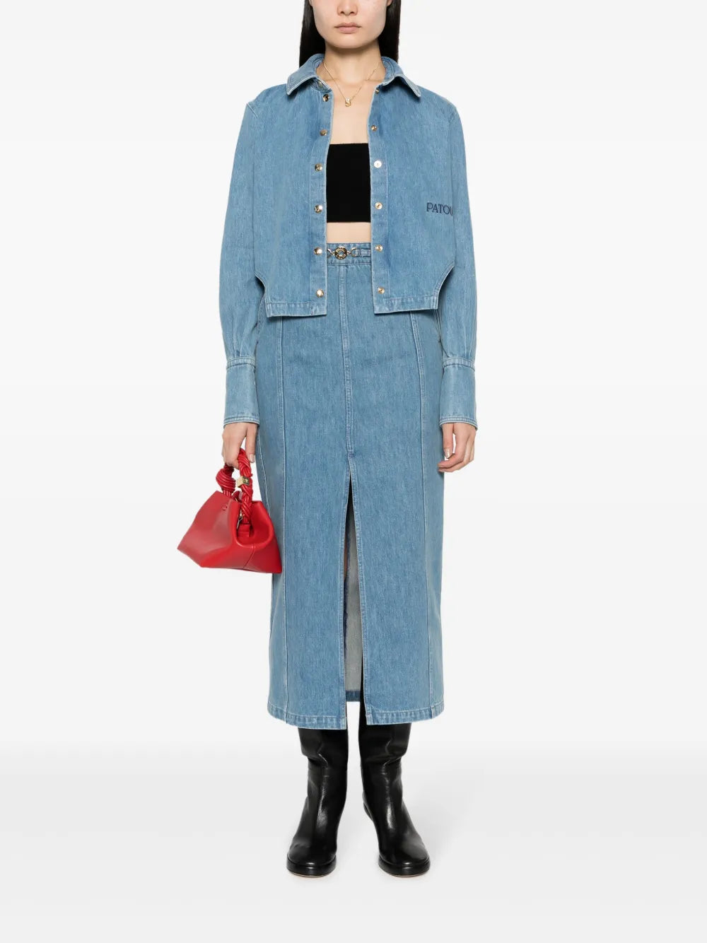Slit-Detail Organic-Denim Midi Skirt