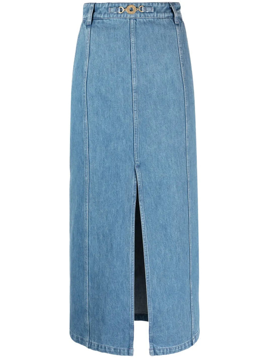 Slit-Detail Organic-Denim Midi Skirt
