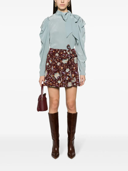 Gathered-Tie Neck Silk Blouse
