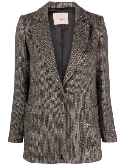 Sequinned Herringbone-Pattern Blazer