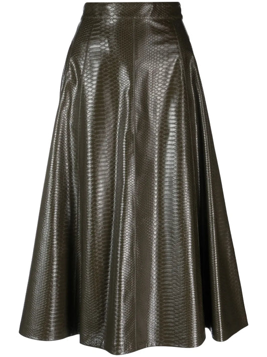 Snakeskin-Effect Faux-Leather Midi Skirt