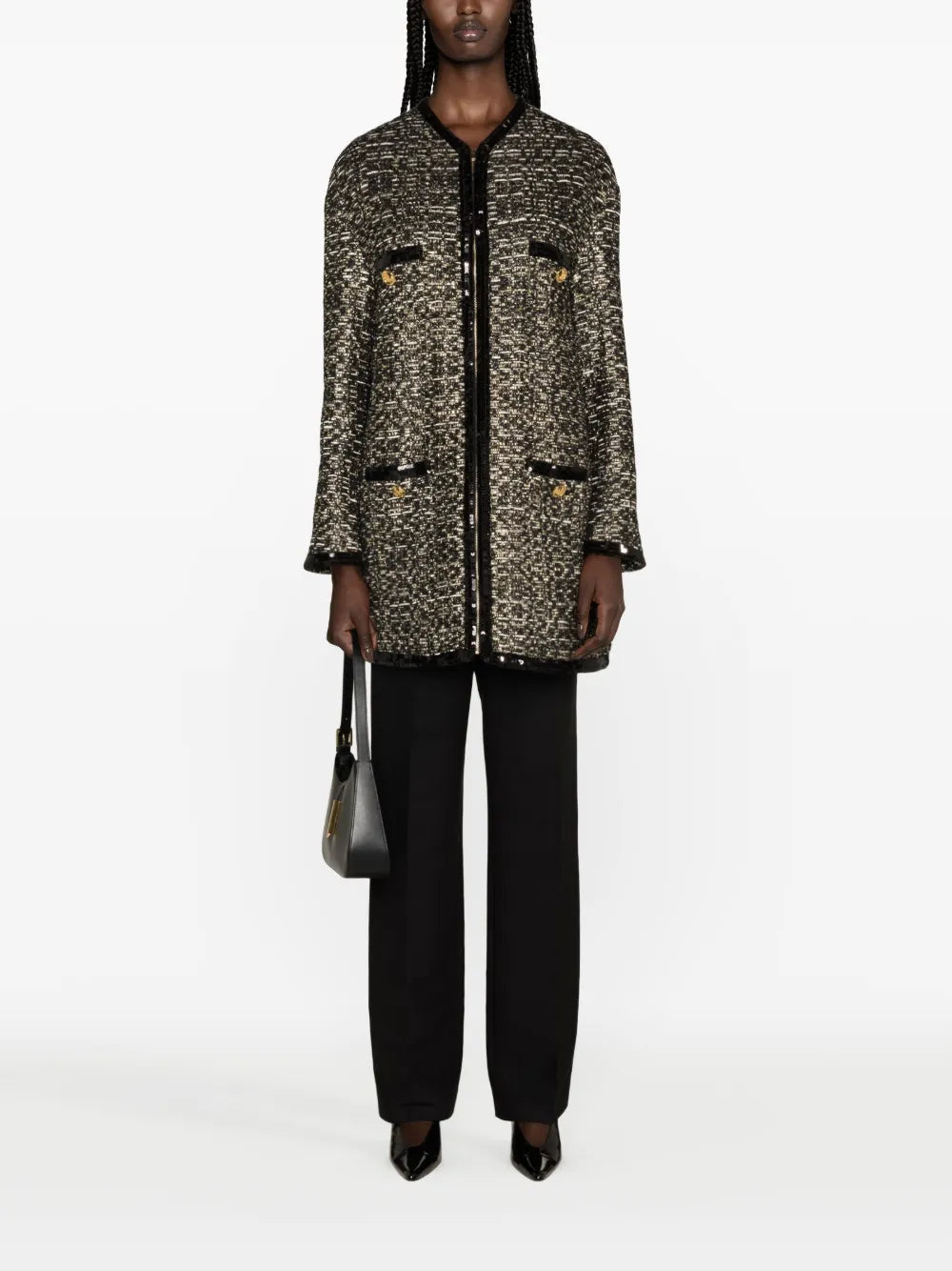 Metallic-Thread Tweed Midi Coat