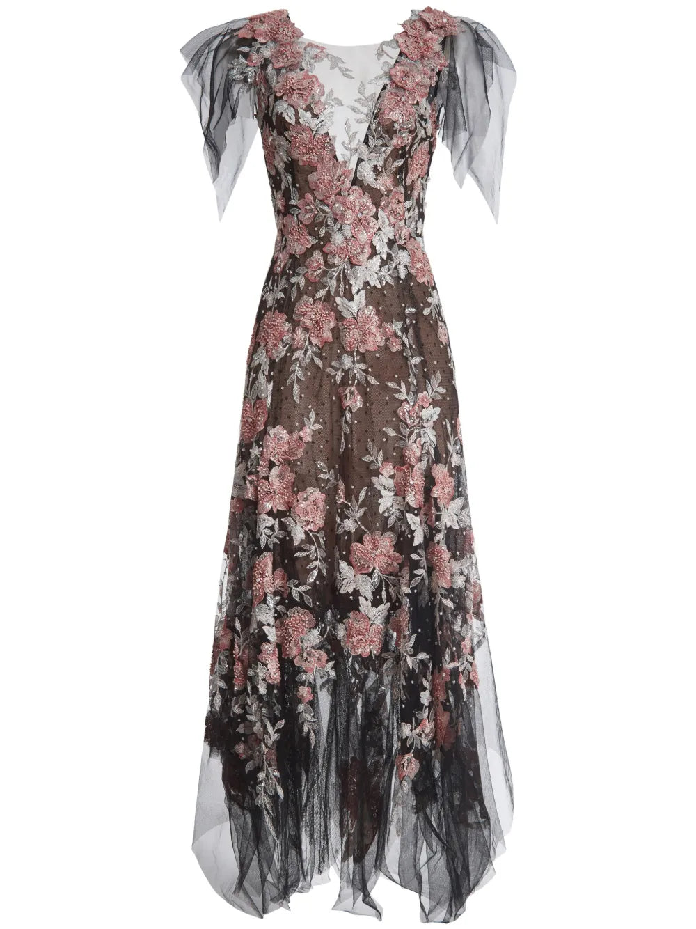 Floral-Pattern V-Neck Gown
