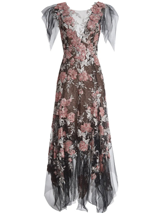 Floral-Pattern V-Neck Gown