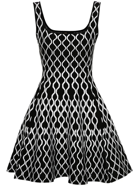 Pattern-Jacquard Flared Mini Dress