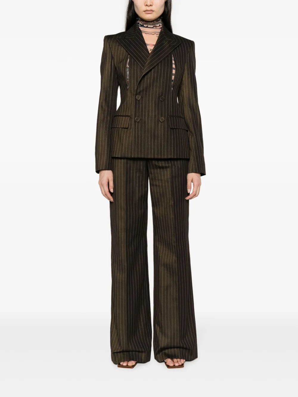 Pinstriped Double-Breasted Wool Blend Blazer