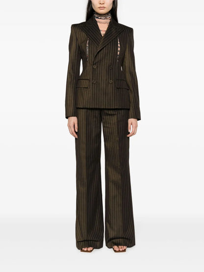 Pinstriped Double-Breasted Wool Blend Blazer