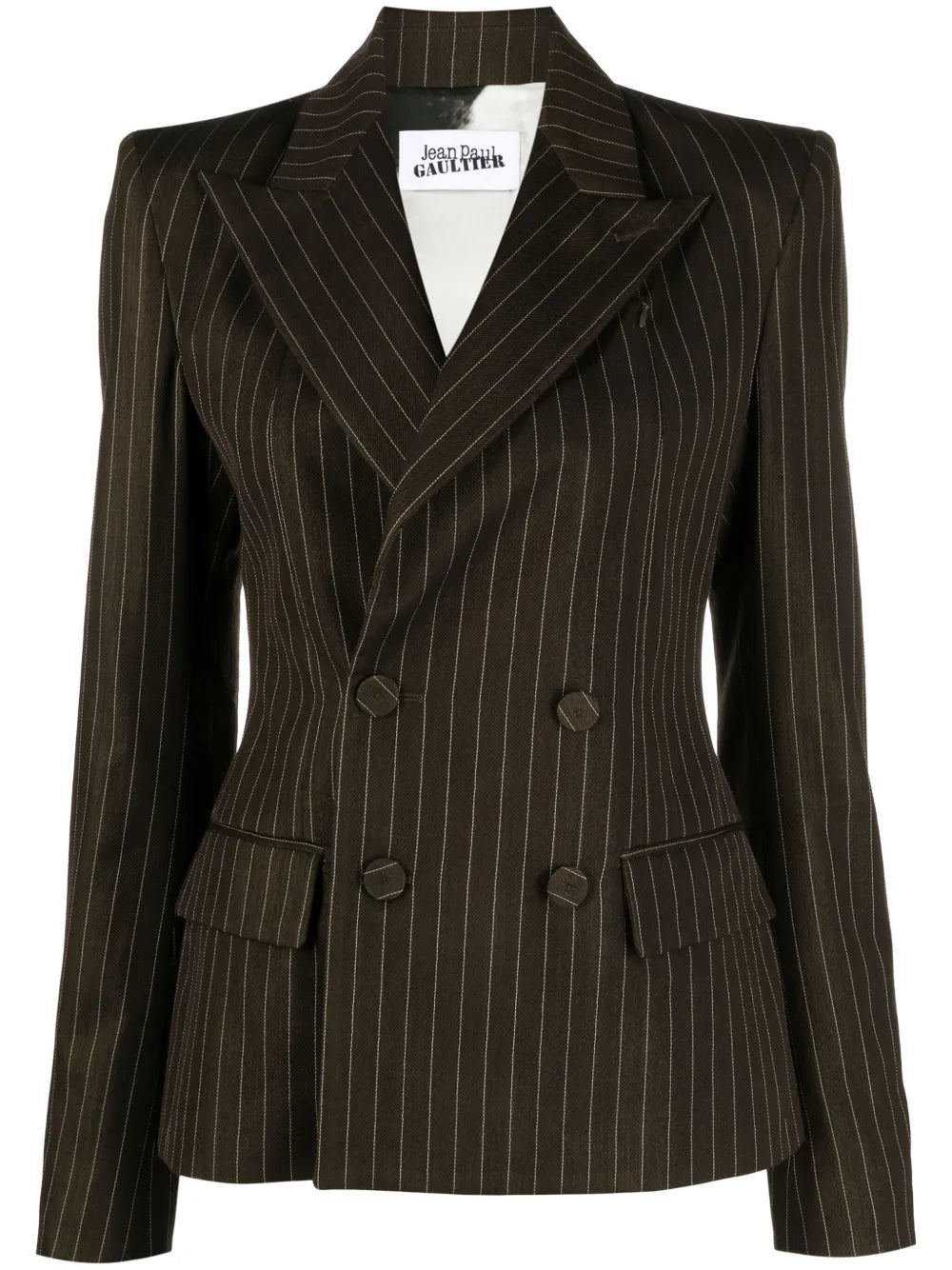 Pinstriped Double-Breasted Wool Blend Blazer